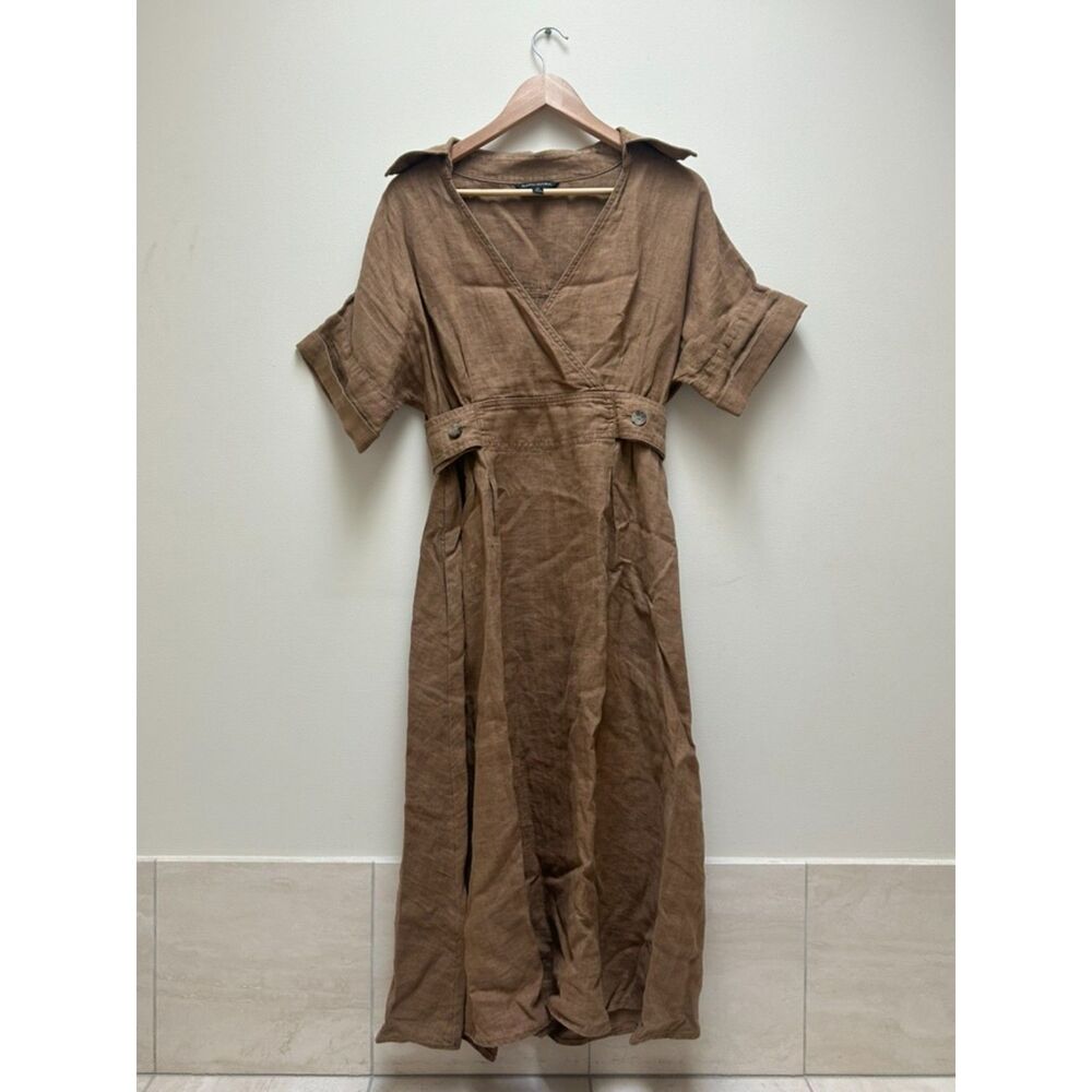 Banana Republic Tan Linen Short Sleeve V Neck Collar Flowy Dress size XS